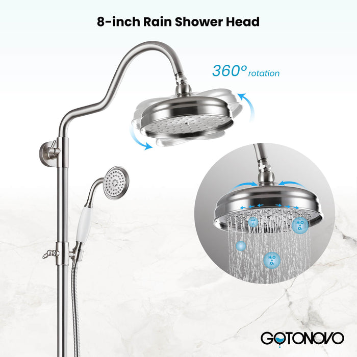 Gotonovo Exposed Shower System Wall Mounted Triple Function 8 Inch Rainfall Shower Head with Handheld and Tub Spout Double Cross Handles