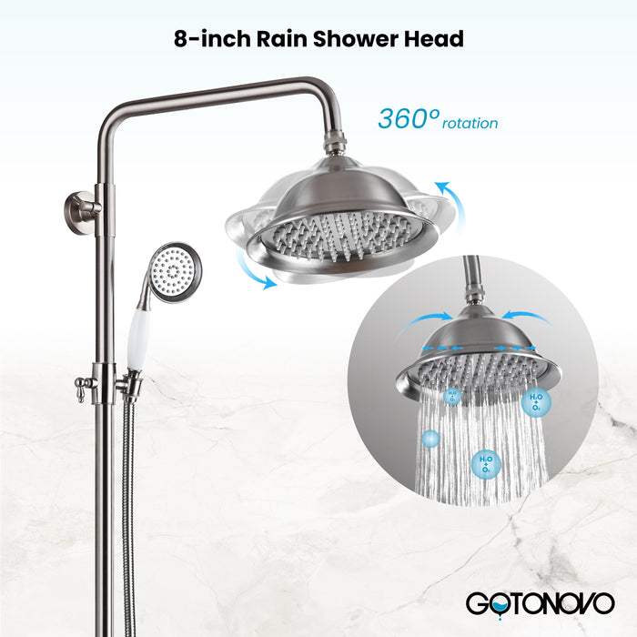 Gotonovo Exposed Shower System 8-inch Shower Head Fixture with Handheld Spray Double Lever Handle Bathtub Spout Triple Function Bathroom Wall Mount
