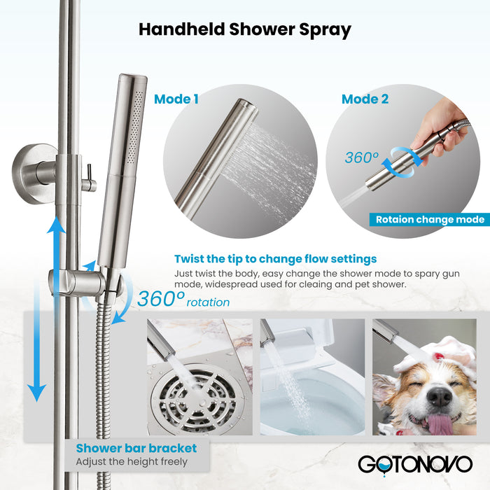 Gotonovo Exposed Shower System 304 Stainless Steel Shower Head with 2 in 1 Cylinder Handheld Spray 2 Function Wall Mount Single Handle