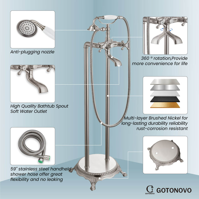 gotonovo Freestanding Bathtub Faucet Floor Mount Tub Filler Double Cross Knobs Bathroom Mixing Tap with Handheld Shower Telephone Shape