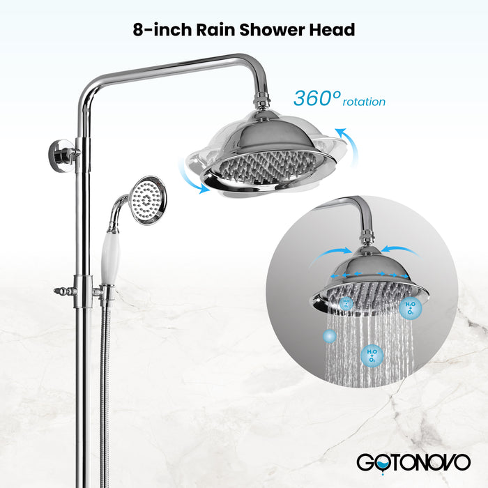 Gotonovo Exposed Shower System Wall Mount 8 inches Stainless Steel SUS304  Shower Head With Adjustable Hand Spray Triple Function Rainfall Shower