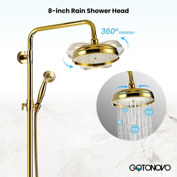 Gotonovo Exposed Shower Fixture 8 Inch Rainfall Shower Head with Handheld Spray Dual Cross Knobs Mixer Bathroom Triple Function Shower Combo Set Wall Mount