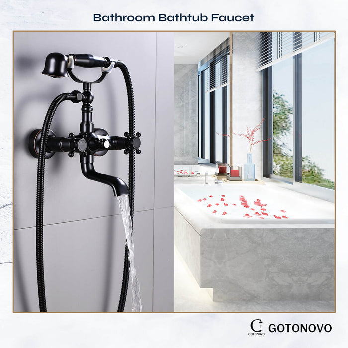 gotonovo Wall Mount Bathroom Bathtub Faucet Set Vintage with Hand Held Shower Spray Double Cross Handle 2 Functions 360 Swivel Mixer Tub Spout