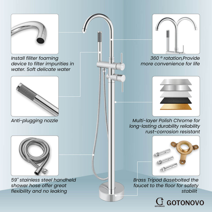 gotonovo Floor Mounted Freestanding Bathtub Filler with High Flow Brass Handheld Spray