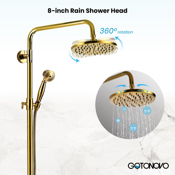 Gotonovo Exposed Shower System 8 Inch Rainfall Shower Head with Handheld Spray Dual Cross Knobs Mixer Bathroom Shower Combo Set Wall Mount