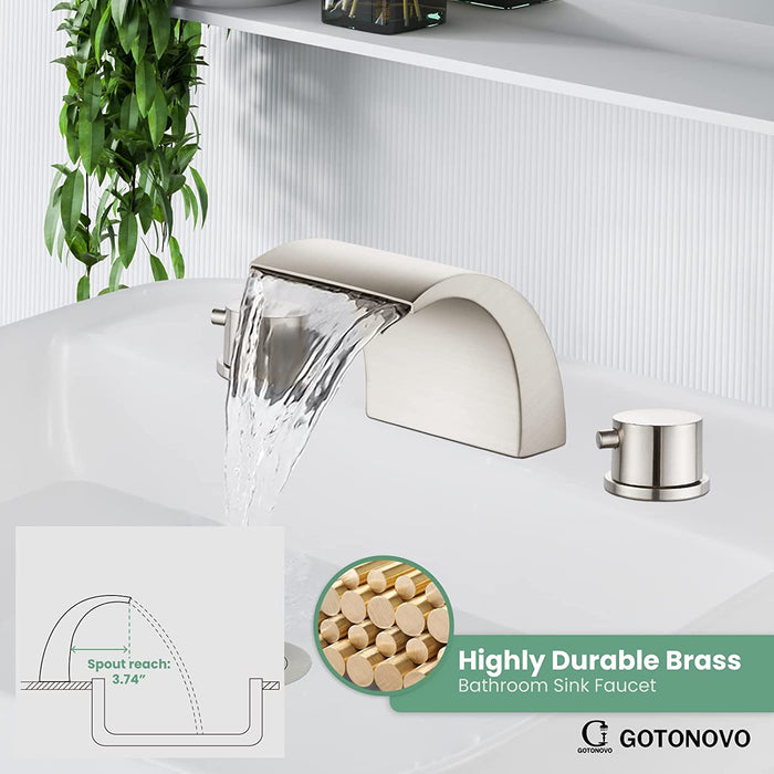 Waterfall Widespread 3 Holes Bathroom Sink Faucet Deck Mounted 8-16 Inch Double Handles Commercial with Pop Up Drain