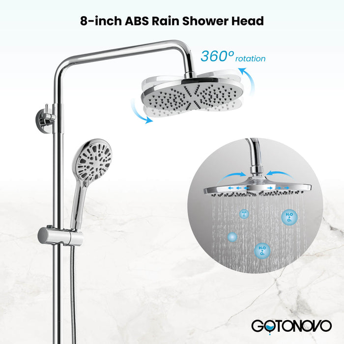 Gotonovo Exposed Shower System Thermostatic 8’’ Round Shower Head with Height Adjustable Slide Bar ABS Handheld Sprayer Wall Mount Shower Fixture