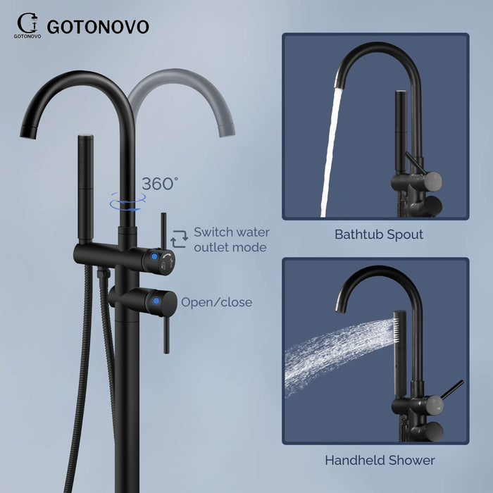 Gotonovo Freestanding Bathtub Faucet Solid Brass Black Floor Mount Tub Filler with Two Function Handheld 360 Degree Swivel Standing High Flow Spout Mixer Taps