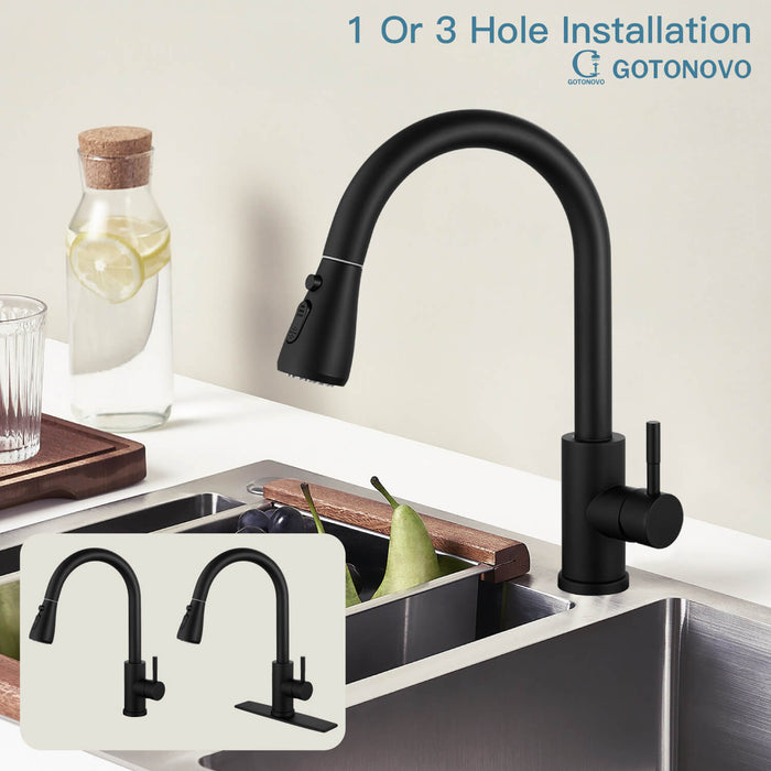 gotonovo Pull Out Kitchen Sink Faucet with Sprayer Matte Black Single Level Handle Cold and Hot with Deck Plate Single Hole Stainless Steel Commercial Modern Laundry Bar Pull Down Mixer Tap