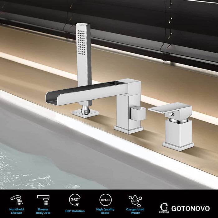 Gotonovo Waterval Romeinse badkuipkraan Tub Filler 3-gats dekmontage Enkele handgreep Wijdverspreide badkuipkraan met handdouche Badkamerkraan