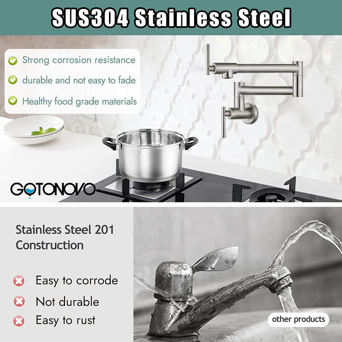 gotonovo Stainless Steel SUS304 Pot Filler Faucet Wall Mounted Double Joint Swing Folding Arms with Two Handles Single Hole Commercial Kitchen Sink Faucet to Control Water Stovetop