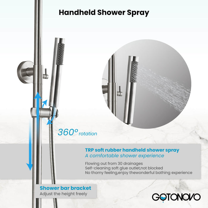 Gotonovo Exposed Shower System 8 Inch Rainfall Shower Head with Cylinder Hand Sprayer and Tub Spout Stainless Steel Bathroom Shower Faucet Fixture Wall Mount Triple Function