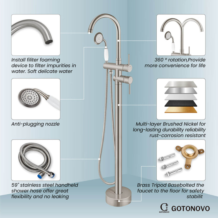 gotonovo Floor Mounted Freestanding Bathtub Filler with High Flow Brass Handheld Spray
