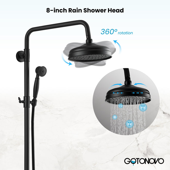 Gotonovo Exposed Shower Fixture 8 Inch Rainfall Shower Head with Handheld Spray Dual Cross Knobs Mixer Bathroom Triple Function Shower Combo Set Wall Mount