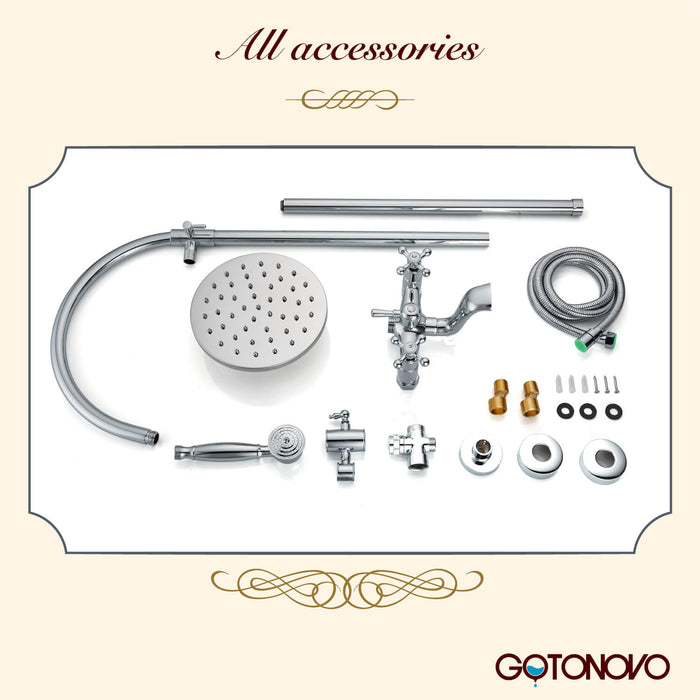 Gotonovo Exposed Shower Faucet Set Brass Dual Knobs 8 Inch Rainfall Round Head Mixer Tap Hand held Spray 3 Functions Shower System Tub Spout Bathroom Shower Combo Unit Set Wall Mounted