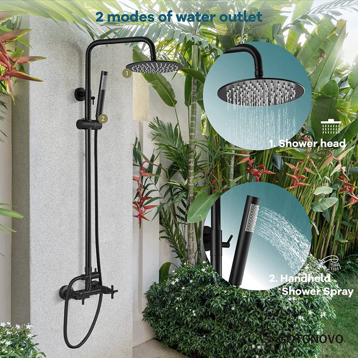 gotonovo Outdoor Shower Faucet SUS304 Shower Fixture System Combo Set Double Cross Handle Rainfall Shower Head High Pressure Hand Spray Wall Mount 2 Function 8 inch