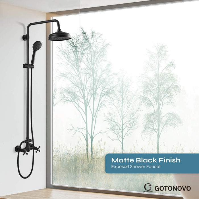 gotonovo Exposed Shower Fixture Set 8inch Rain Shower Head Double Knobs Cross Handle Dual Function Shower Faucet Combo Set