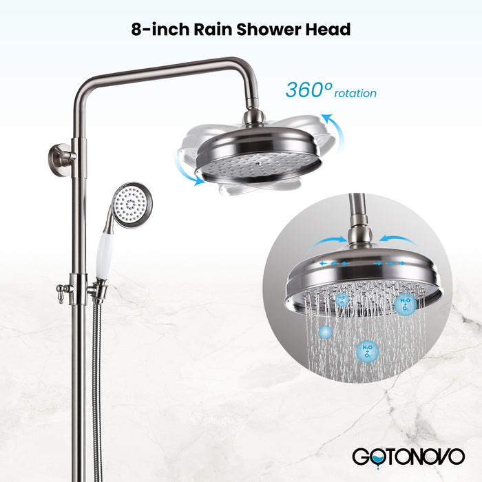 Gotonovo Exposed Shower Fixture 8 Inch Rainfall Shower Head with Handheld Spray Dual Cross Knobs Mixer Bathroom Triple Function Shower Combo Set Wall Mount