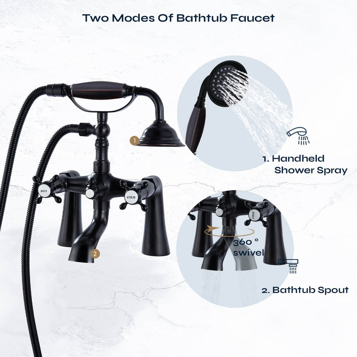 Tub Bathtub Clawfoot Faucet Deck Mount with Handheld Shower Telephone Shaped Sprayer Showerheld Double Cross Handle