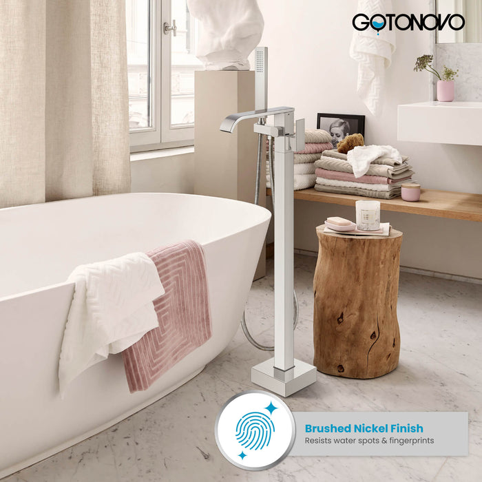 Gotonovo Waterfall Freestanding Bathtub Faucet Floor Mount Tub Filler Single Handle Brass Tap with Hand Shower and 360 Degree Swivel Spout