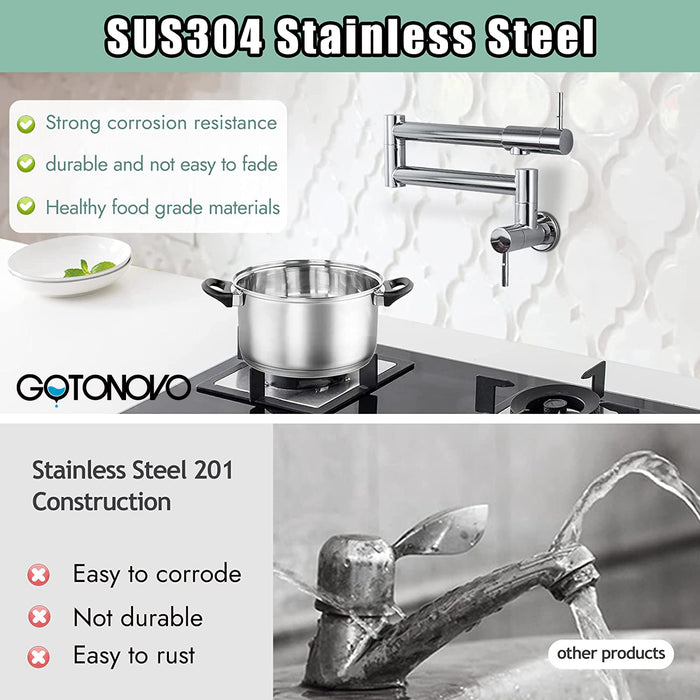 gotonovo Pot Filler Faucet Folding Stretchable Wall Mount Kitchen Restaurant Sink Faucet SUS304 Stainless Steel with Double Joint Swing Arm Single Hole Two Handles Commercial NPT