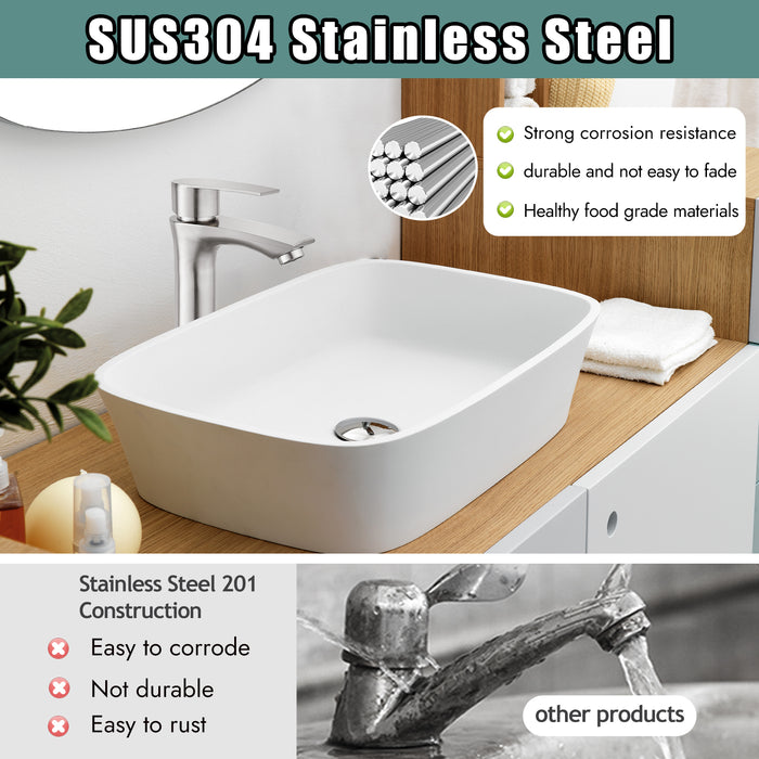 Bathroom Sink Faucet SUS304 Stainless Steel Single Handle 1 Hole Vessel Basin Tall Mixer Tap Square Spout Deck Mount Lavatory Vanity Faucet Include Pop Up Drain Without Overflow