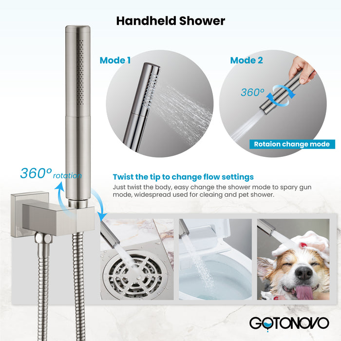 Gotonovo Rain Shower Combo Set Square Shower head SUS304 Stainless Steel Shower Trim Kit 2 in 1 Cylindrical Handheld shower with Rough-in Valve