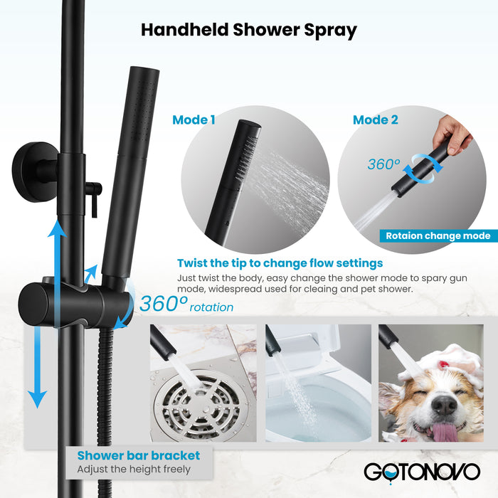 Gotonovo Exposed Shower System 304 Stainless Steel Shower Head with 2 in 1 Cylinder Handheld Spray 2 Function Wall Mount Single Handle