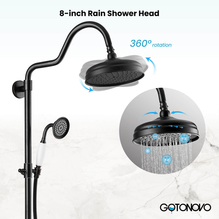 Gotonovo Exposed Shower System Wall Mounted Triple Function 8 Inch Rainfall Shower Head with Handheld and Tub Spout Double Cross Handles