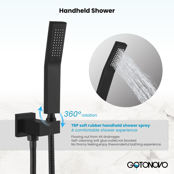 Gotonovo Rain Shower Combo Set Luxury 3-Function with Rotating Tub Spout,Square Rainfall Shower Head and Handheld Spray Rough-in Valve Body and Trim Included