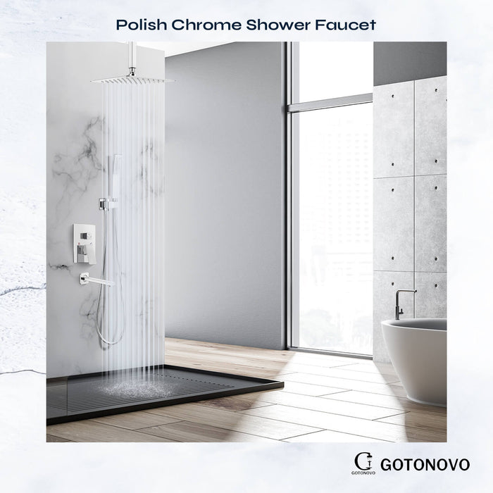 gotonovo douchesysteem met badkuipuitloop, 12 inch plafondmontage, 3-functiemengkraan, douchecombinatieset, regendouche, handdouche, badkamer, luxe inbouwventielbehuizing en afwerkingsset 