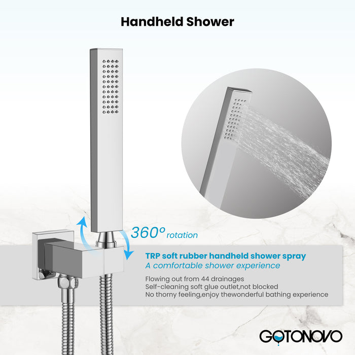 Gotonovo Rain Shower Combo Set Ceiling Mounted Square Rainfall Shower Head with Body Spray Jets and Brass Handshower Pressure Balance Rough-in Valve and Trim Included