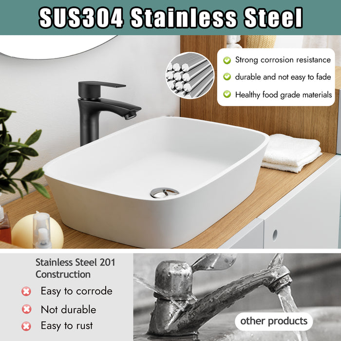 Bathroom Sink Faucet SUS304 Stainless Steel Single Handle 1 Hole Vessel Basin Tall Mixer Tap Square Spout Deck Mount Lavatory Vanity Faucet Include Pop Up Drain Without Overflow