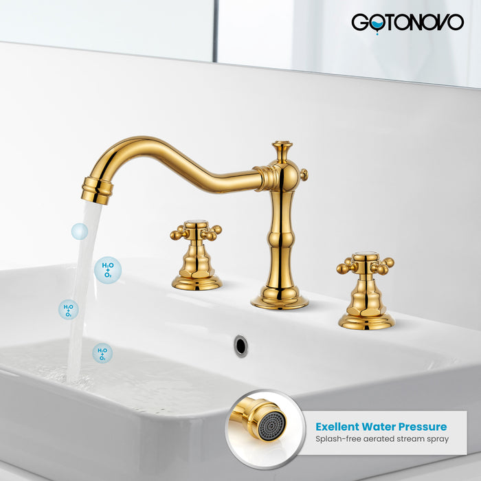 Gotonovo Victorian Widespread Three Holes Deck Mounted Bathroom Sink Faucet with Pop Up Drain with Overflow