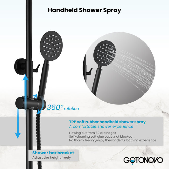 Gotonovo Exposed Shower System Wall Mount 8 inches Stainless Steel SUS304 Shower Head With Adjustable Hand Spray Triple Function Rainfall Shower Faucet Complete Set