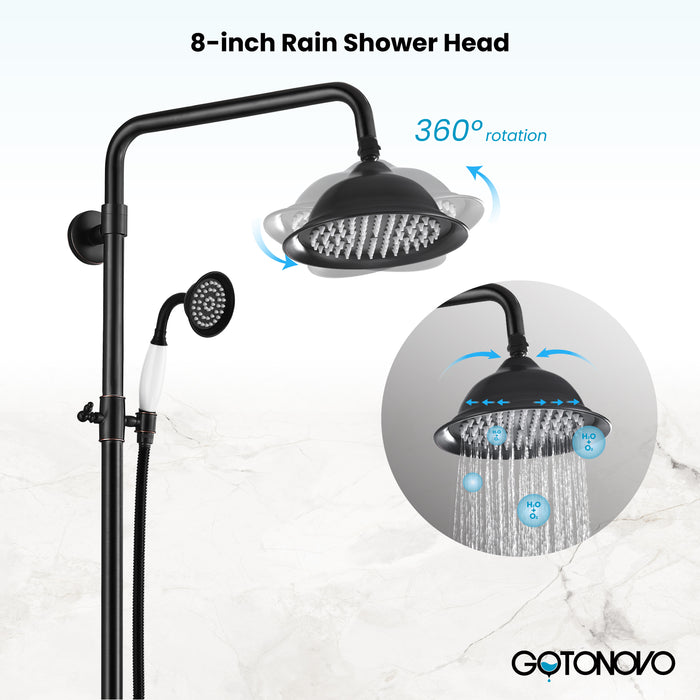 Gotonovo Exposed Shower System 8-inch Shower Head Fixture with Handheld Spray Double Lever Handle Bathtub Spout Triple Function Bathroom Wall Mount