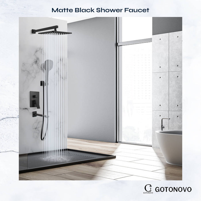 Gotonovo Matzwart douchesysteem 3-functiemengkraan Douchebadcombinatieset 9 inch Wandgemonteerde regendouche ABS Handdouche Badkamer Luxe regen-inbouwklep en afwerkingsset met badkuipuitloop 