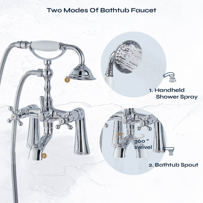 gotonovo Deck Mount Tub Bathtub Faucet Clawfoot with Handheld Shower 6 Inch Telephone Shaped Sprayer Showerheld Double Cross Handle