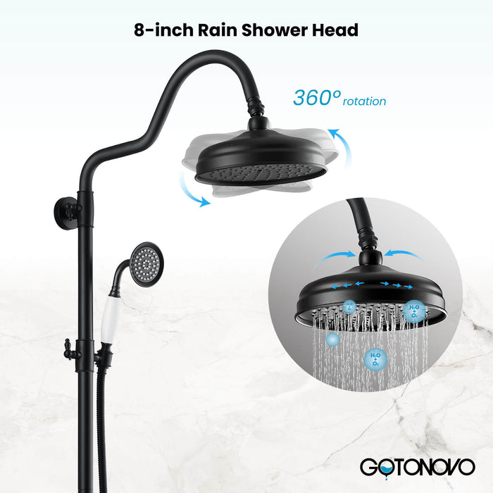 Gotonovo Exposed Shower System Wall Mounted Triple Function 8 Inch Rainfall Shower Head with Handheld and Tub Spout Double Cross Handles