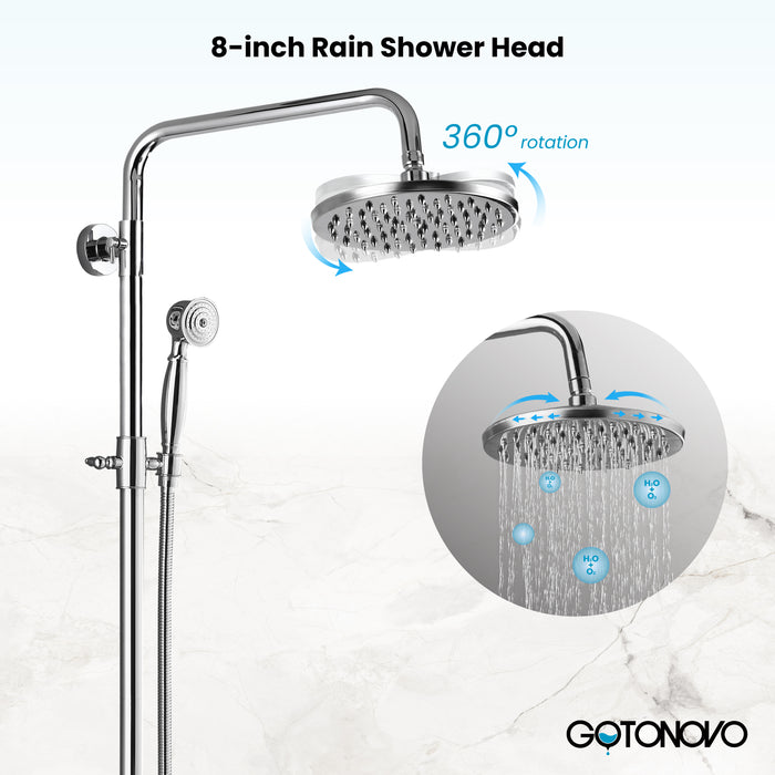 Gotonovo Exposed Shower System 8 Inch Rainfall Shower Head with Handheld Spray Dual Cross Knobs Mixer Bathroom Shower Combo Set Wall Mount