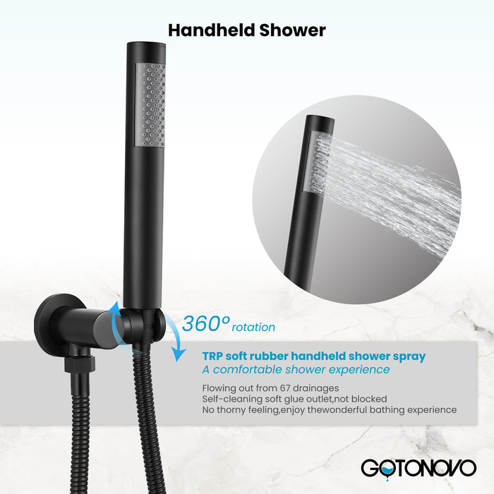 Gotonovo Rain Shower Combo Set Ceiling Mounted Matte Black 12-inch Round Rain Shower Head with Body Spray Jets and Brass Handheld Shower Pressure Balance Rough-in Valve and Trim Included