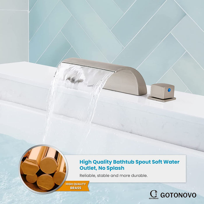 gotonovo Bathroom Waterfall Tub Faucet Deck Mount Roman Tub Filler 3 Hole Bathtub Faucet with Square Knob Handle Bathtub Spout Brass Valve Stainless Steel Water Supply Lines High Flow