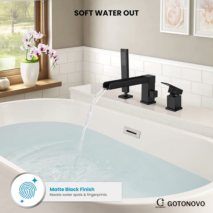 Gotonovo Waterval Romeinse badkuipkraan Tub Filler 3-gats dekmontage Enkele handgreep Wijdverspreide badkuipkraan met handdouche Badkamerkraan