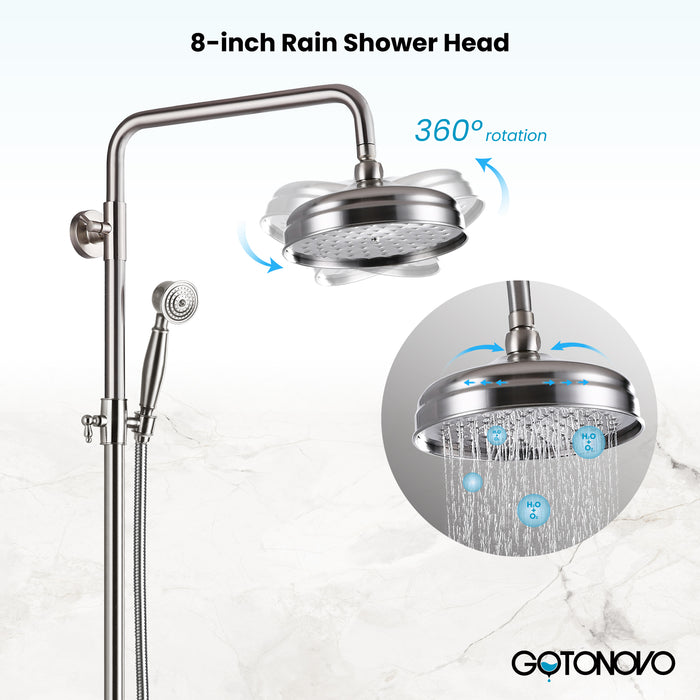 Gotonovo Exposed Shower System 8-inch Shower Head Fixture with Handheld Spray Double Lever Handle Tub Spout Triple Function Bathroom Wall Mount