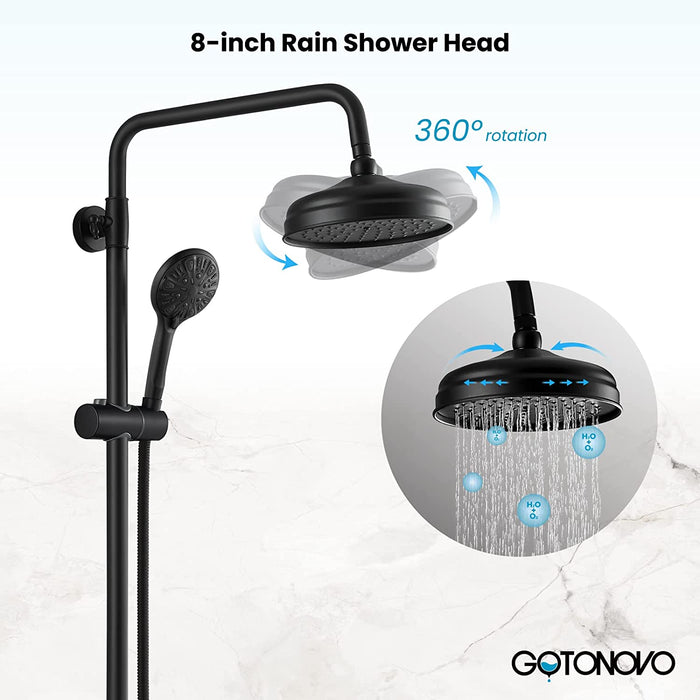 gotonovo Exposed Bathtub Shower Set Wall Mounted Matte Black Shower Fixtures Brass 8 Inch Shower Head with ABS Handheld Shower and Adjustable Slide Bar Hand Spray Bathroom Shower System with Tub Spout