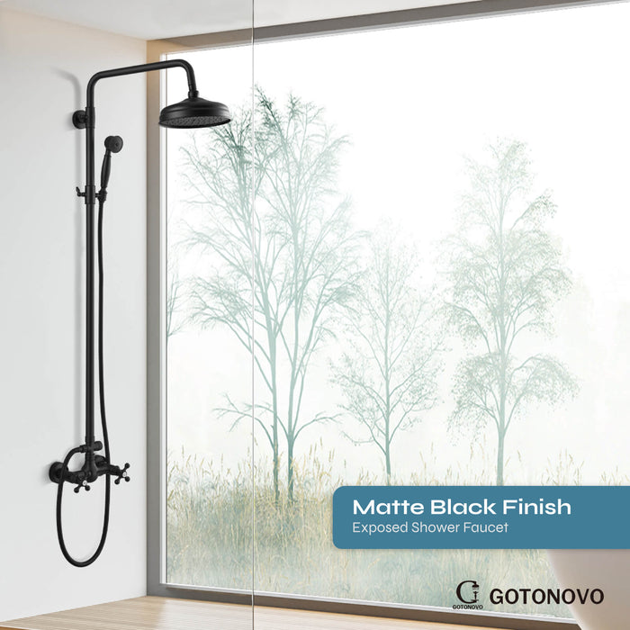 Gotonovo Blootgestelde Douche Armatuur Set 8 inch Regendouche Dubbele Knoppen Kruisgreep Dubbele Functie Douchekraan Combo Set 