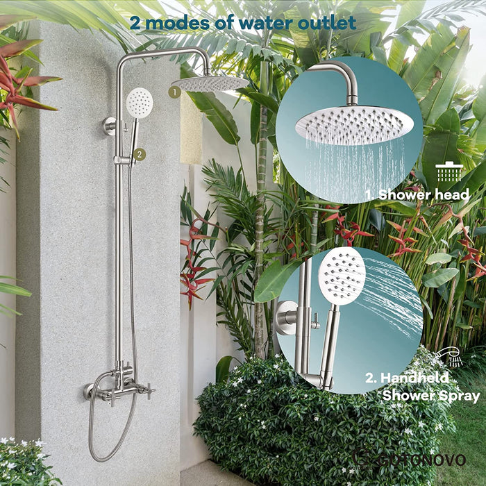 gotonovo SUS304 Outdoor Shower Fixture System Combo Faucet Set Double Cross Handle High Pressure Hand Spray Wall Mount 2 Dual Function Rainfall Shower Fixture