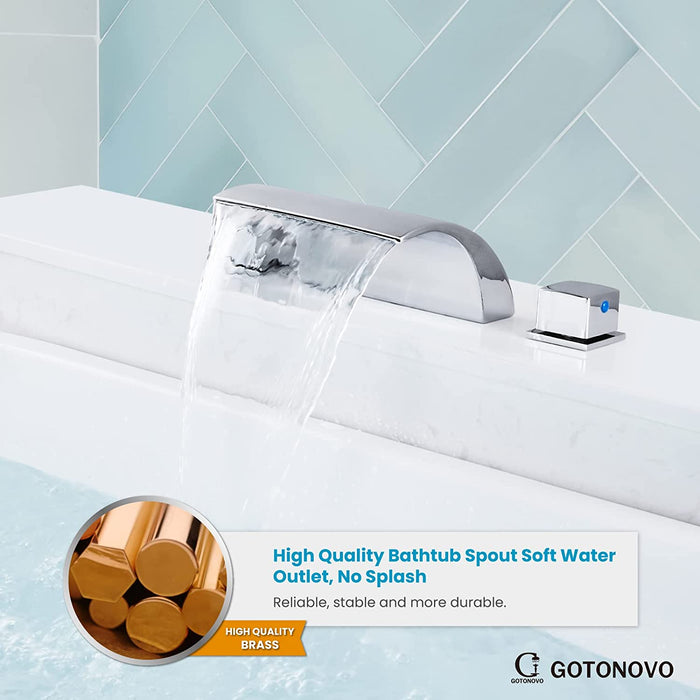 gotonovo Bathroom Waterfall Tub Faucet Deck Mount Roman Tub Filler 3 Hole Bathtub Faucet with Square Knob Handle Bathtub Spout Brass Valve Stainless Steel Water Supply Lines High Flow