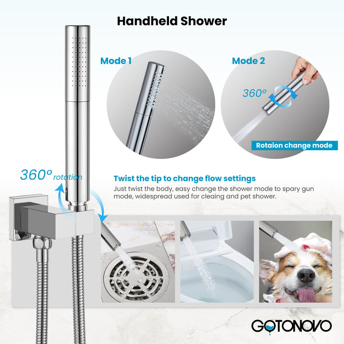 Gotonovo Rain Shower Combo Set Square Shower head SUS304 Stainless Steel Shower Trim Kit 2 in 1 Cylindrical Handheld shower with Rough-in Valve