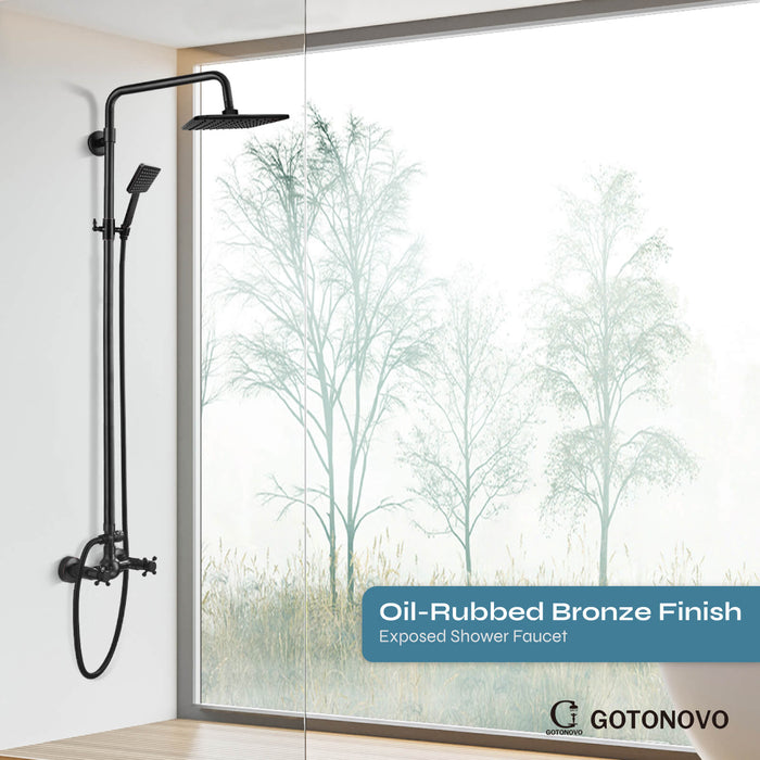 gotonovo Oil Rubbed Bronzed Exposed Shower Fixture System Set Combo with ABS Handheld Shower 8inch Square Shower Head Double Knobs cross Handle 2 Function Outdoor Shower Faucet Unit Set